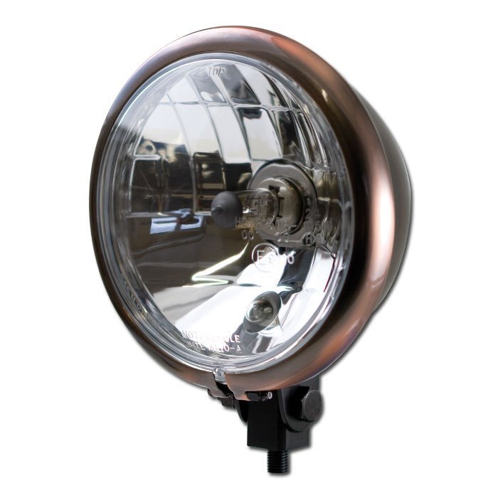 HSM Přední světlo 5-3/4 Bates-Style, s měděným okrajem, čiré sklo, černé, H4, homologované