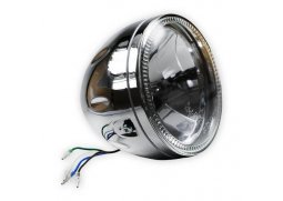 Přední světlo Skyline 5-3/4 na motorku s LED kroužkem stříbrné, H4